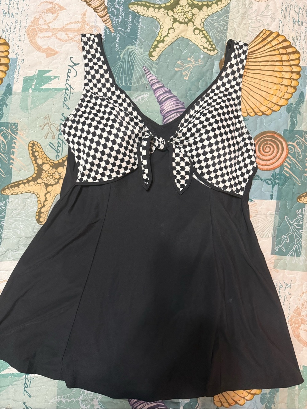 Classic Black One-Piece Swim Dress with Monochrome Tie-Front Bodice